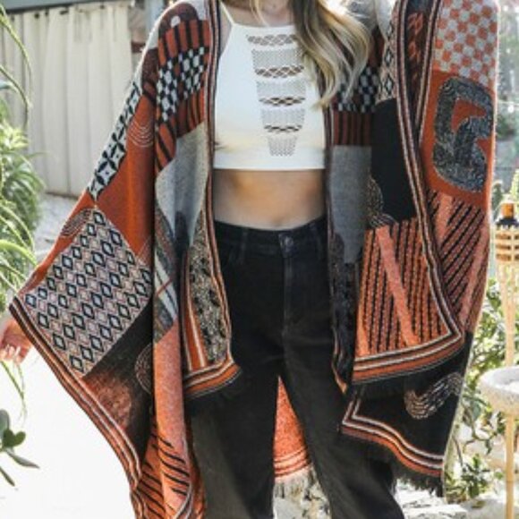 #205 Baroque Style Frayed Edge Knit Ruana Shawl - Picture 4 of 5